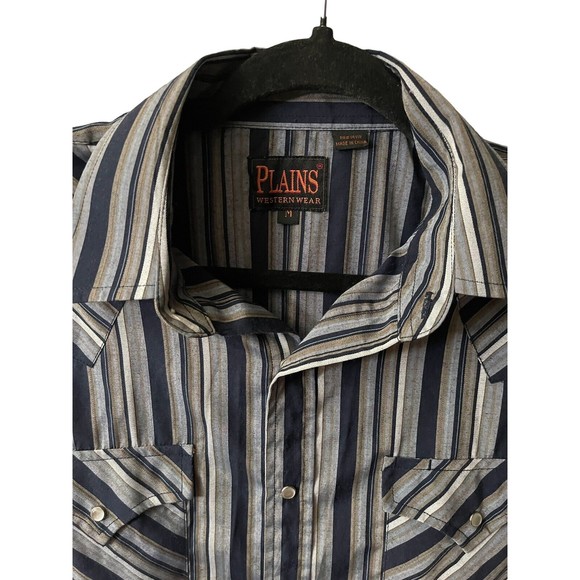 Plains Western Ware Shirt Pearl Snap Brush Popper Long Sleeve Men's Medium Blue - Picture 3 of 9